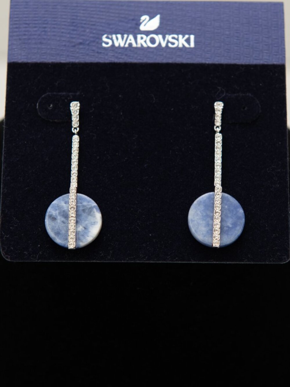 Swarovski Lapis Crystal Dangle Earrings Blue Silver Swan Marked